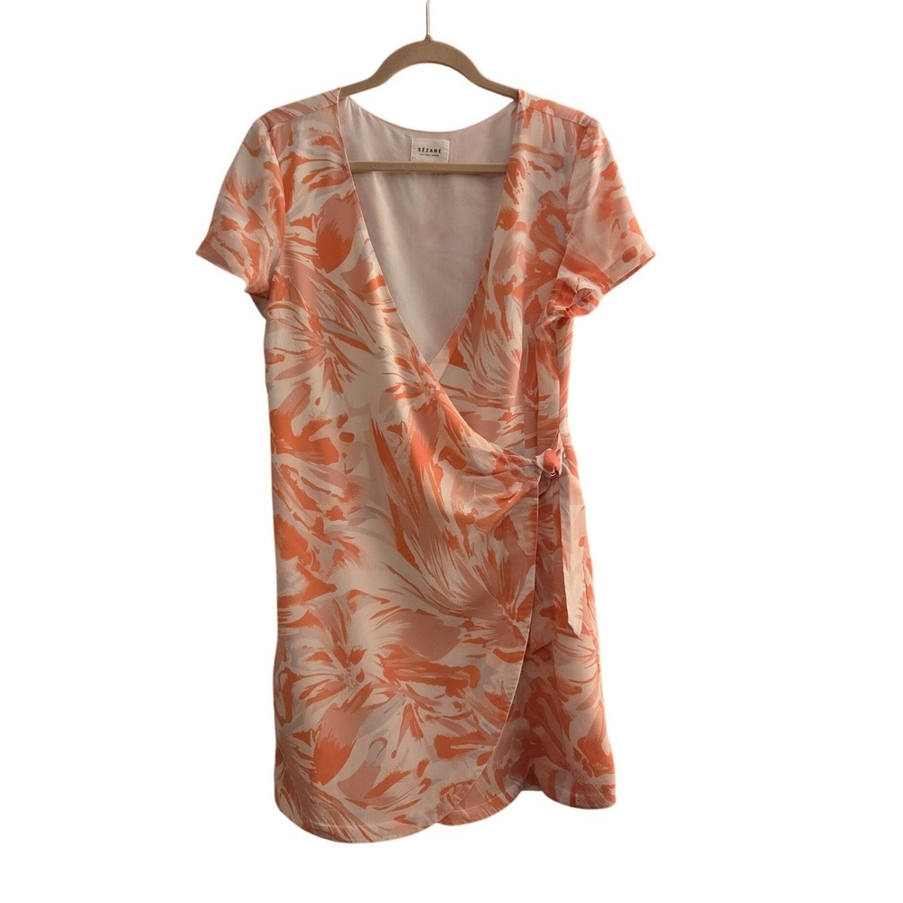 Sézane Olympia 100% Silk Wrap Dress Robe V-Neck Coral Floral EU 44, US 12-14